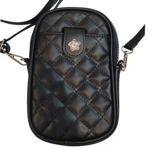 Black Quilted Faux Leather Crossbody Phone Bag Silver Floral Snap Zippered Pouch